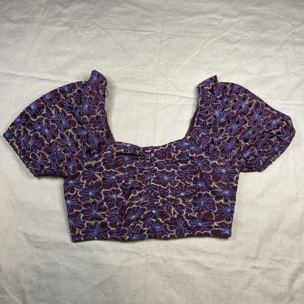 Promod purple Eyelet Ruffle short sleeve cropped Blouse Boho women's M/L?
